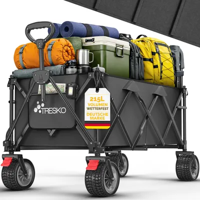 Image de Chariot pliable TRESKO® 215 L avec frein | Chariot à main pliable 150 kg avec pneus en caoutchouc plein | Chariot de plage pliable à roues tout-terrain extra-larges | Chariot de transport avec sac de rangement