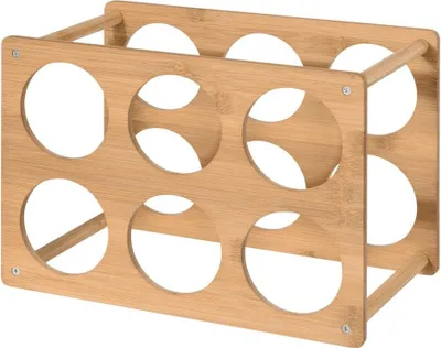 A wooden wine rack for six bottles.