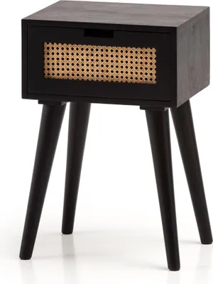 Nachtkonsole Mango Rattan 40x60x30cm Schwarz mit Rattanfront, Schublade und Holzbeinen in Gesamtansicht.