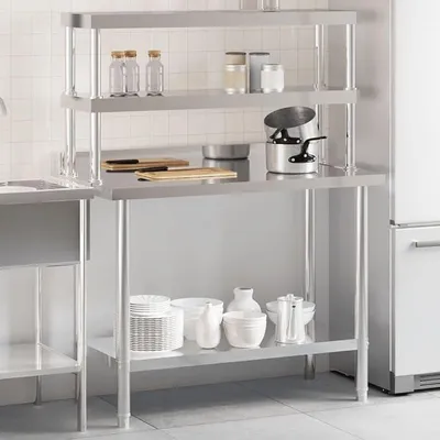 Produktbild von Edelstahl Küchen-Arbeitstisch mit Aufsatzboard, unterer Ablage und Überregal, 110x55x150 cm, mit Aufkantung und verstellbaren Füßen, für gewerbliche Küchen