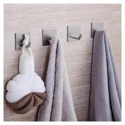 Produktbild von Klebehaken, 4 Stück, Wandhaken aus Edelstahl, ohne Bohren, Handtuchhalter mit Klebeband, Haken für Badezimmer, Wohnzimmer und Küche, für Badetuch, quadratisch – Silber matt