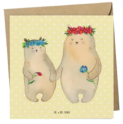 Produktbild von Mr. & Mrs. Panda Klappkarte Bären mit Blumenkranz - Gelb Pastell - Geschenk, faltkarte, Muttertag, Beste Freundin, doppelkarte, Glückwunschkarte, anlasskarte, Family, Bär