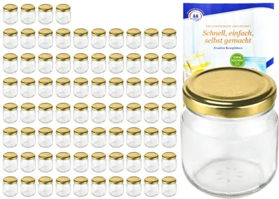 Produktbild von 75er Set Rundglas 212 ml nieder To 66 goldener Deckel Sturzgläser Einmachgläser incl. Rezeptheft