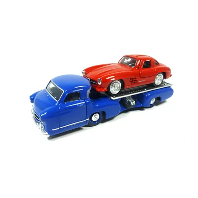 Produktbild von Norev 311002 Mercedes Benz Renntransporter mit Mercedes Benz SL blau/rot Maßstab 1:64 Modellauto