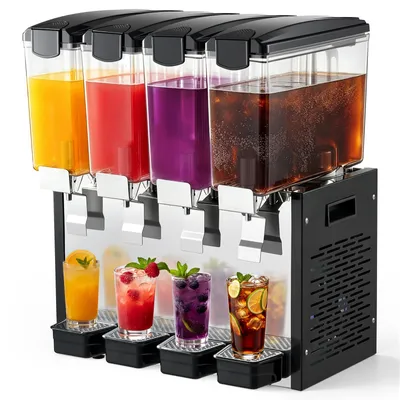 Image de Distributeur de boissons électrique VEVOR, capacité de 4 x 10 litres, température de 7-12 °C. Distributeur de jus avec réservoirs en polycarbonate, idéal pour les restaurants, les hôtels, les bars et les kiosques. Équipé d'un agitateur pour un mélange homogène, d'un interrupteur de pression et d'un bac de récupération