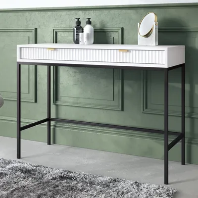 Produktbild von Komodee, Schminktisch NANAIMO - Weiß - Goldene Griffe - Zwei Schubladen - Breite 104 cm, Höhe 77 cm, Tiefe 50 cm
