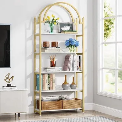 Immagine prodotto di Elegante libreria - Elegante struttura in metallo con rivestimento in finto marmo bianco - 80 x 30 x 184