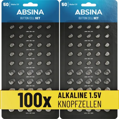 Produktbild von ABSINA 2x 50er Pack Alkaline Knopfzellen Sortiment - 10x AG1 / 15x AG1 / 10x AG4 / 10x AG10 / 5x AG13 - 1,5V Batterie