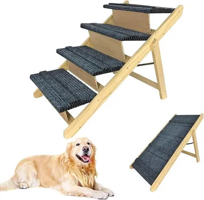 Productafbeelding van 2-in-1 honden trap/helling, inklapbaar, voor kleine honden en katten. Draagbare hondenleertrap/helling van hout met antislip oppervlak, geschikt voor bed en bank, tot 80 kg