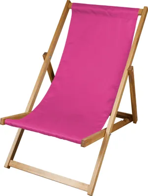 A pink fabric deck chair with a wooden frame, shown against a white background.