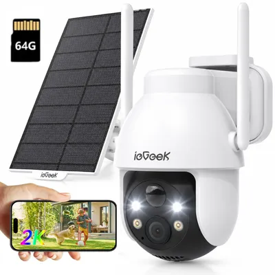 Productafbeelding van ieGeek bewakingscamera voor buiten, met batterij en zonnepaneel, 3MP camera, bewaking voor buiten, kleuren nachtzicht, PIR-bewegingsdetectie, tweewegs audio, 64GB opslag