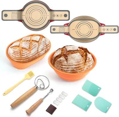 Produktbild von Brotbackzubehör-Set, 10 Zoll ovaler und 9 Zoll runder Banneton-Brotgärkorb mit Leineneinlage, Silikon-Brotschlinge, dänischer Teigbesen