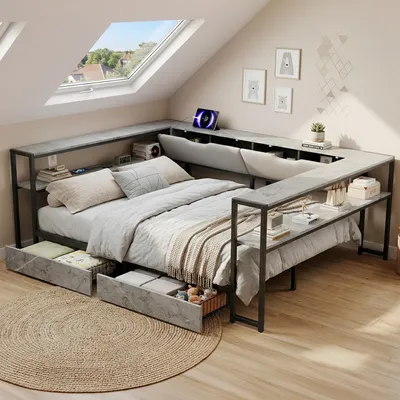Produktbild von Flieks Schlafsofa Metallbett 140x200cm mit 2 Schubladen, Jugendbett Doppelbett mit USB und  Type-c, Tagesbett Kinderbett mit Stauraum, Leinen, Grau