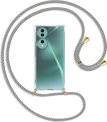 Produktbild von Handykette Backcover-Schutzhülle mit Band (Metall goldfarben) für Honor 70 5G (FNE-AN00, 6.67'') - weiß/grau kariert