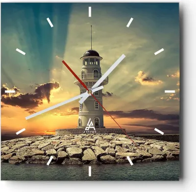 Produktbild von Wanduhr - Quadrat - Glasuhr - Leuchtturm Wasser Meer Steine - 30x30cm - Schleichendes Uhrwerk - Lautlos - zum Aufhängen bereit - Dekoration Modern - Wanddekoration aus Glas - C3AC30x30-2895