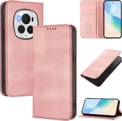 Produktbild von Handyhülle für Honor Magic6 Pro, Vintage Leder RFID Schutz Kartenfach Standfunktion Magnetische Klapphülle Pink