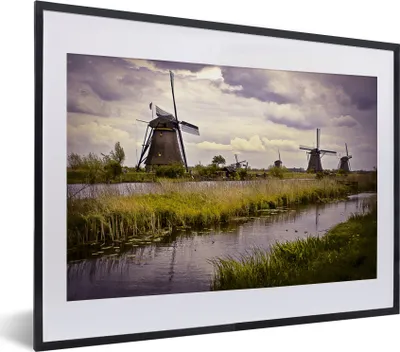 Produktbild von MuchoWow® MuchoWow® Gerahmtes Poster Windmühlen bei Sonnenaufgang 40x30 cm - Poster mit zchwarzem Bilderrahmen - Bilderrahmen - Poster im Rahmen