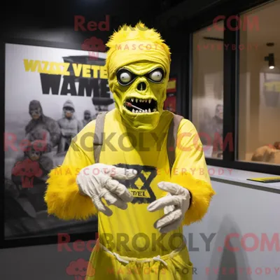 Immagine prodotto di Personaggio mascotte REDBROKOLY di uno zombie giallo vestito con maglietta con scollo a V e guanti