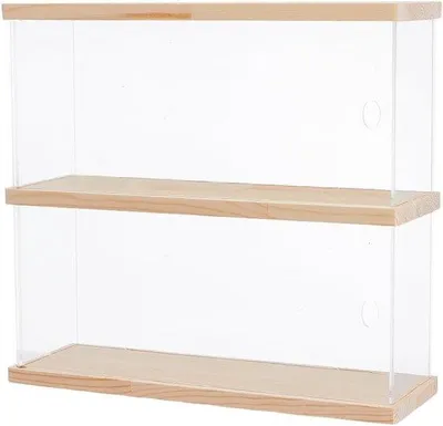 Obrázek produktu pro Dvoupatrová skříňka z akrylu, 40 x 27 x 10 cm, průhledná, k sestavení, s dřevěnou základnou, vhodná pro sbírky, domečky pro panenky, 3D puzzle nebo pro domácí použití