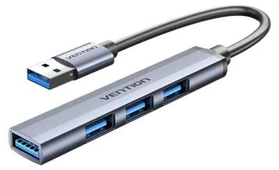 Image de Mini hub Vention USB 3.0 vers USB 3.0/USB 2.0 x3, câble de 0,15 m, boîtier en métal gris.