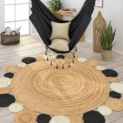Image de Tapis rond pour salon en jute, motif bohème ethnique, moderne, fait main, naturel, taille Ø 100 cm, rond