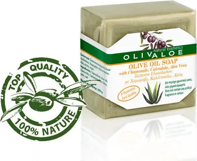 Produktbild von OLIVALOE 00198 - Handgemachte Olivenölseife mit Aloe Vera/Kamille/Calendula 200g für Gesicht/Körper von Kreta
