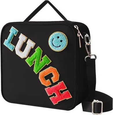 Produktbild von VHV - Lunchtasche - Isolierte Lunchtasche mit verstellbarem Schultergurt - Kühlbeutel mit Smiley-Motiv für Schule und Picknick - Schwarz