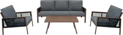 Image de Ensemble de mobilier de jardin en aluminium 5 pièces, aspect bois, 4 éléments : coin salon et coin repas d'extérieur, comprenant un canapé 3 places, 2 fauteuils et une table basse. Résistant aux intempéries, rembourrage épais, housses lavables, housse de protection imperméable.