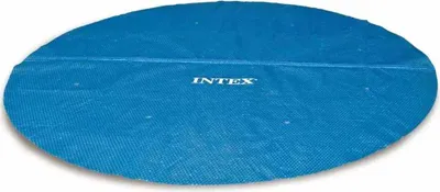A blue round solar pool cover with the brand name "INTEX" printed on it, lying on a white background.