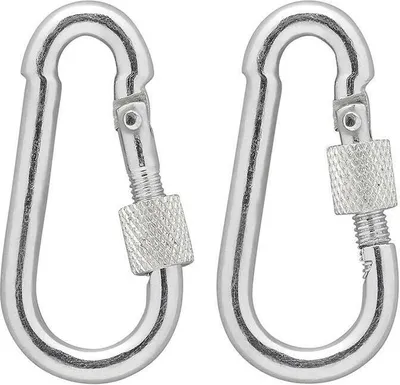 Productafbeelding van 2 karabijnhaakjes met schroefsluiting, van metaal, geschikt voor kampeerspullen, afmetingen 5x50mm, merk BWI