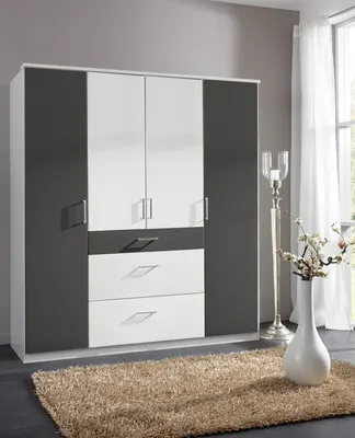 Produktbild von Kleiderschrank "Click" aus Spanplatte in Weiß mit 3 Schubladen und 4 Türen. Abmessungen (B/H/T) 180x198x58 cm