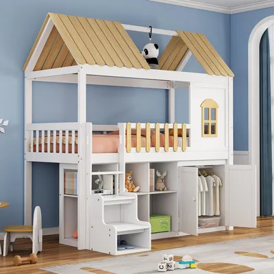 Image de Lit superposé avec motif de maison, armoire, banc à chaussures, espace de rangement, barrière de sécurité, en pin, finition blanc et naturel, dimensions 90x200 cm