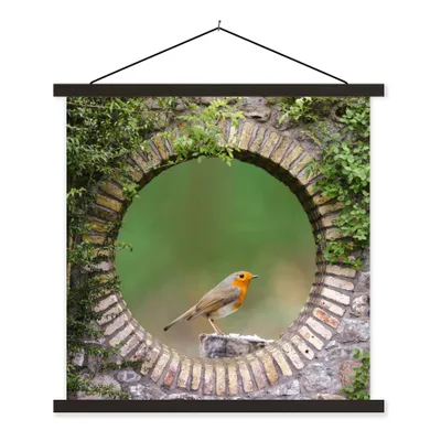 Produktbild von MuchoWow® Textilposter Vogel - Durchblick - Rotkehlchen 90x90 cm mit schwarzem Rahmen - Magnetisches