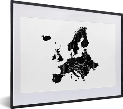 Produktbild von MuchoWow® Gerahmtes Poster Europa-Karte mit dunkler Aquarellfarbe und helleren Flecken - schwarz-weiß 40x30 cm - Poster mit Schwarzem Bilderrahmen Wandposter Rahmen Foto Bilder - Bilderrahmen - Poster im Rahmen