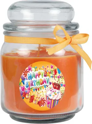 Produktbild von Duftkerze im Bonbonglas "Happy Birthday", Duft: Honigmelone ( Orange ), 300g - Brenndauer bis zu 70 Stunden