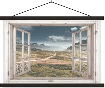 Produktbild von MuchoWow® Textilposter Aussicht - Berg - Holz 150x100 cm mit schwarzem Rahmen - Schlafzimmer
