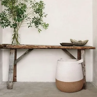 Zdjęcie produktu dla Duży kosz wykonany z plecionego sznurka bawełnianego - 43 x 43 cm, dekoracyjne okrągłe kosze do przechowywania butów, zabawek lub koców - kosz na pranie z uchwytami, kosz na koce