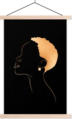 Produktbild von MuchoWow® Textilposter Frau - Strichzeichnung - Schwarz und Gold 40x60 cm mit holzfarbenen Rahmen - Poster
