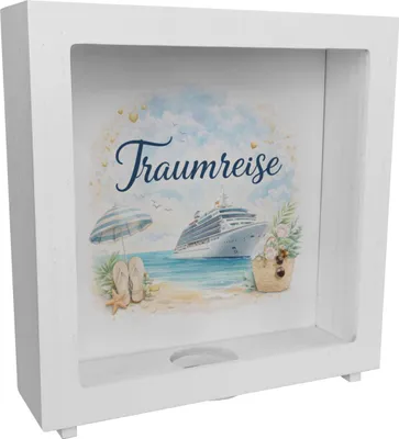 Produktbild von Kreuzfahrtschiff Traumreise Rahmen Spardose aus Holz für Urlaubsträume