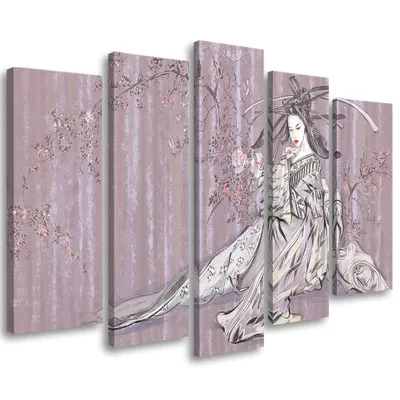 Produktbild von 5-teiliges leinwandbild traditionelle japanische geisha 200x100 cm Feeby lila wandbild bereit zum aufhängen