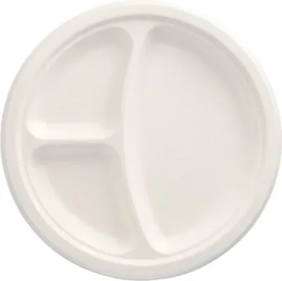 Produktbild von PAPSTAR Teller "pure" 3-geteilt, Ø 23 cm, aus Zuckerrohr, weiß | Schrumpffolie (50 Stück)