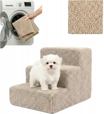 Produktbild von Komvortowy | Haustiertreppe | BEIGE | Bouclé | 3 Stufen | für Bett & Sofa | 36 cm | Hunderampe | Hundetreppe | Abnehmbar und Waschbar