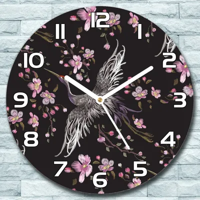 Produktbild von Wanduhr aus Glas Rund fi 30 Kraniche und Blumen Quarz Deko Wohnzimmer Büro