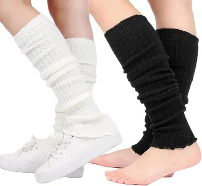 Produktbild von Konvolut aus 2 Damen-Beinwärmern, Größe 49–52 cm, 80er-Jahre-Stil, schwarz/weiß, elastisches Acryl