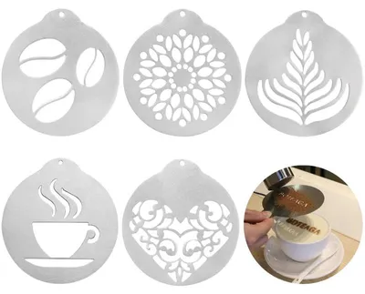 Produktbild von 5 Stück Kaffee Schablonen für Puderzuckerstreuer, Kaffee Schablonen und KekseDekoration,wiederverwendbare Cappuccino-Schokoladenschablonen