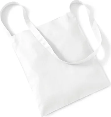 A white tote bag with two straps, shown from a slightly elevated diagonal angle against a white background.