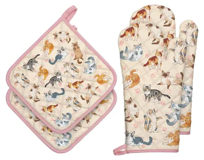 Productafbeelding van Ovenwanten set, 4-delig – 100% katoen, hittebestendig, extra lange handschoenen
