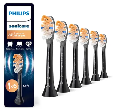 Obrázek produktu pro Philips Premium All-in-One HX9096/88 Balení 6 ks hlavic kartáčku, 6 kusů, Černá, 3 měsíc/ů, Měkké, 62000 pohybů za minutu, Philips