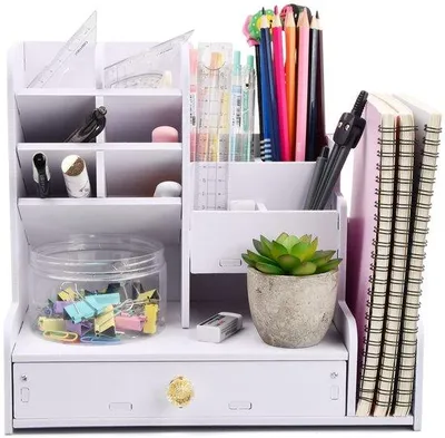 Produktbild von Schreibtischorganizer mit großer Kapazität – Multifunktionale Aufbewahrungsbox für Schreibutensilien – Aufbewahrungsbox aus Kunststoff – Schreibtischorganizer mit Schubladen – Schreibtischorganizer – Abmessungen: 25 x 25 x 15 cm