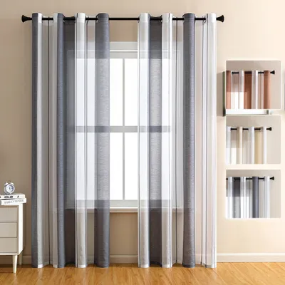 Produktbild von 2er Set Gardinen Gestreift Transparent mit Ösen Fensterschal Voile Vorhänge Wohnzimmer Vorhang Halbtransparent Streifen Grau Weiss 140x245cm